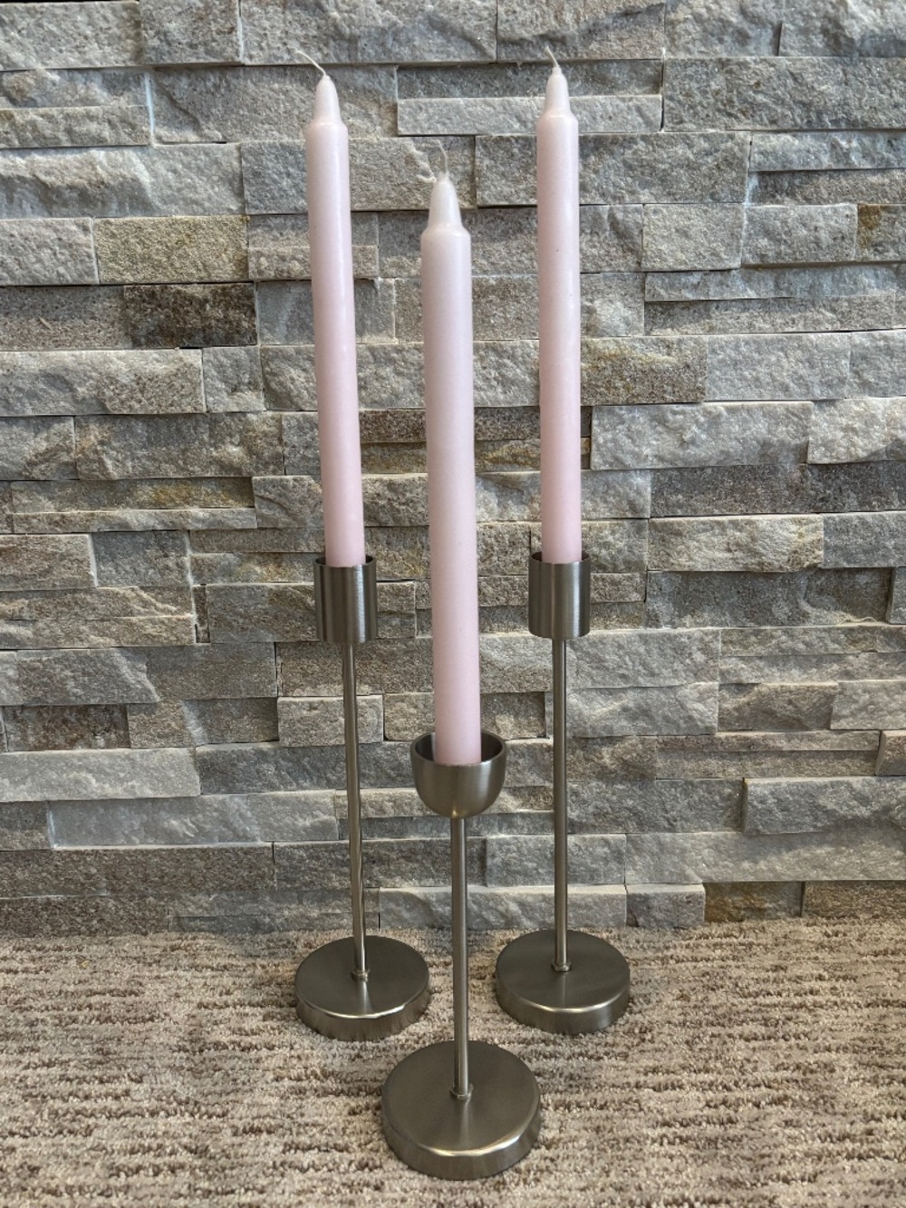 Indigo Brushed Metal Silver Taper Candle Trio